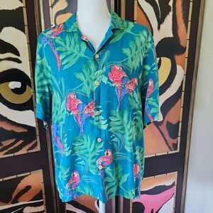 Paradise Found Vintage Hawaiian Button Down Parrot Tropical Blouse